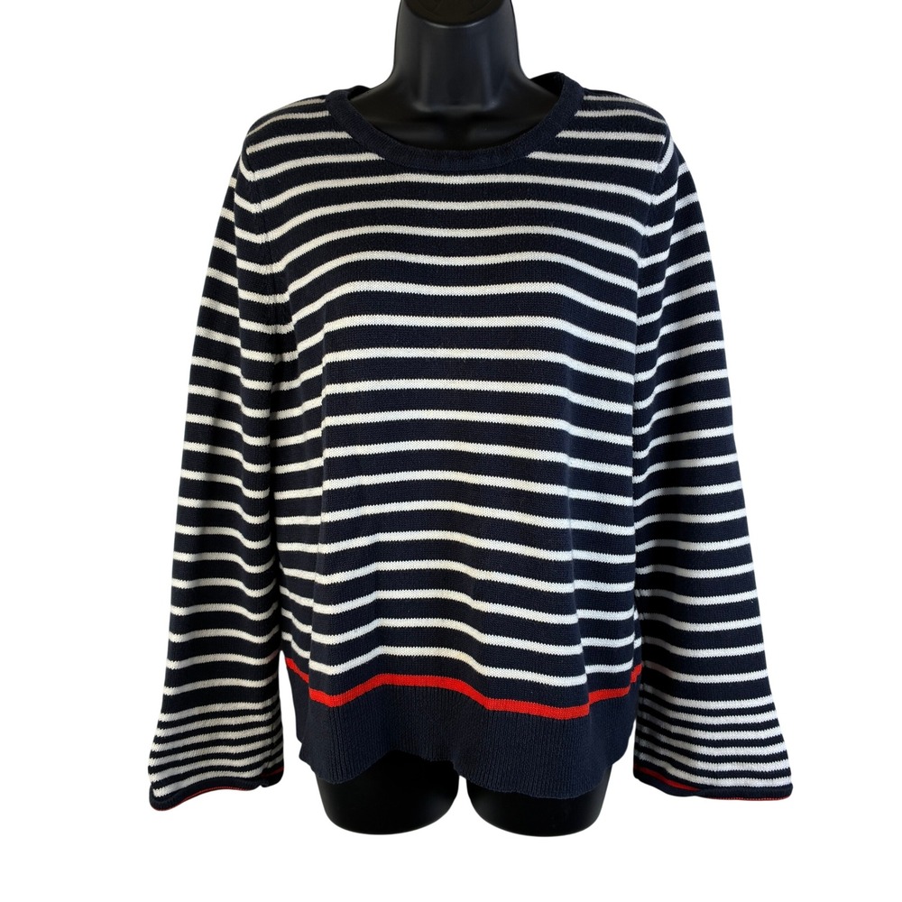 Cynthia Rowley Navy Blue White Striped Cotton Sweater Red Accent XL Bell Sleeve